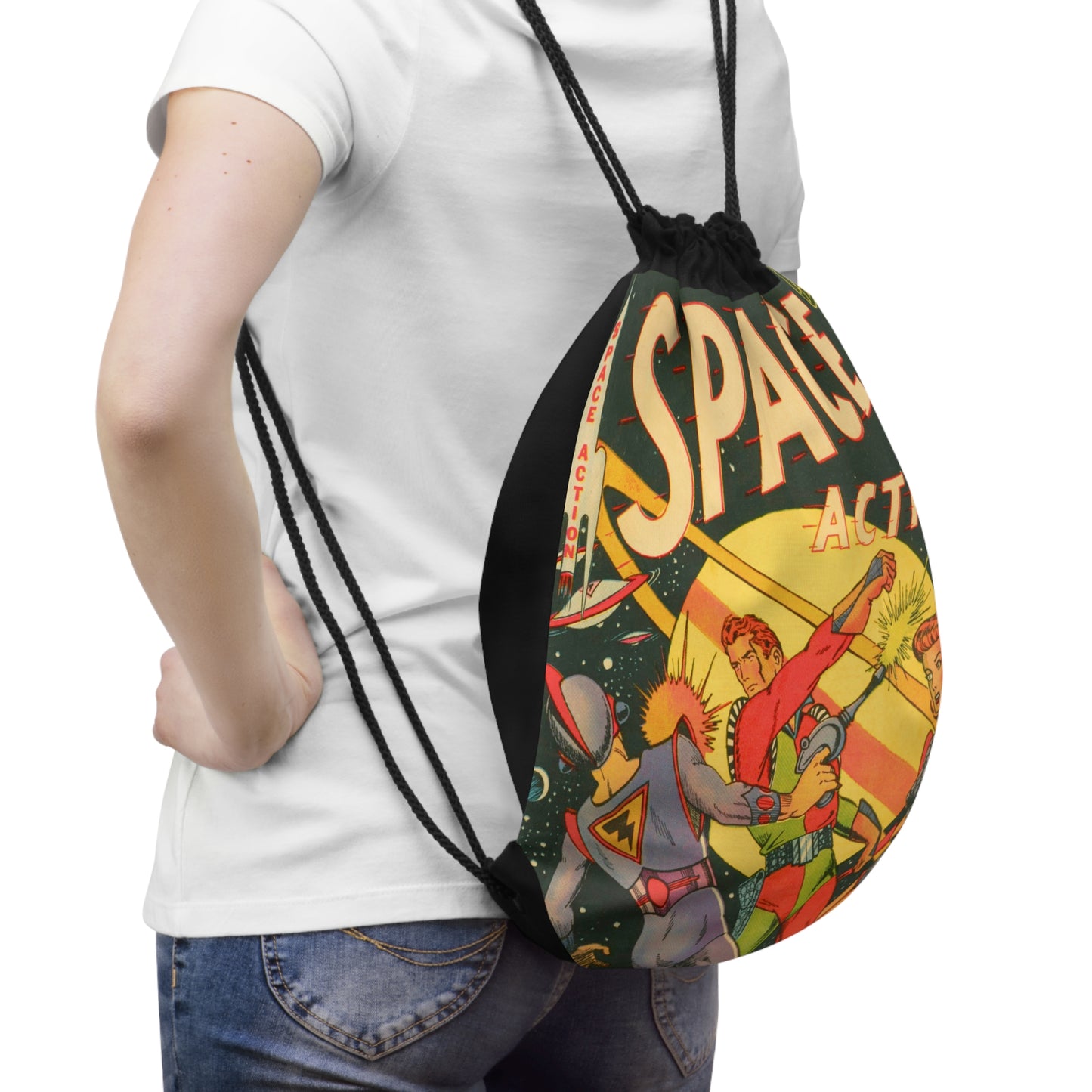 Space Action 1 Cover Golden Age Lined Drawstring Bag