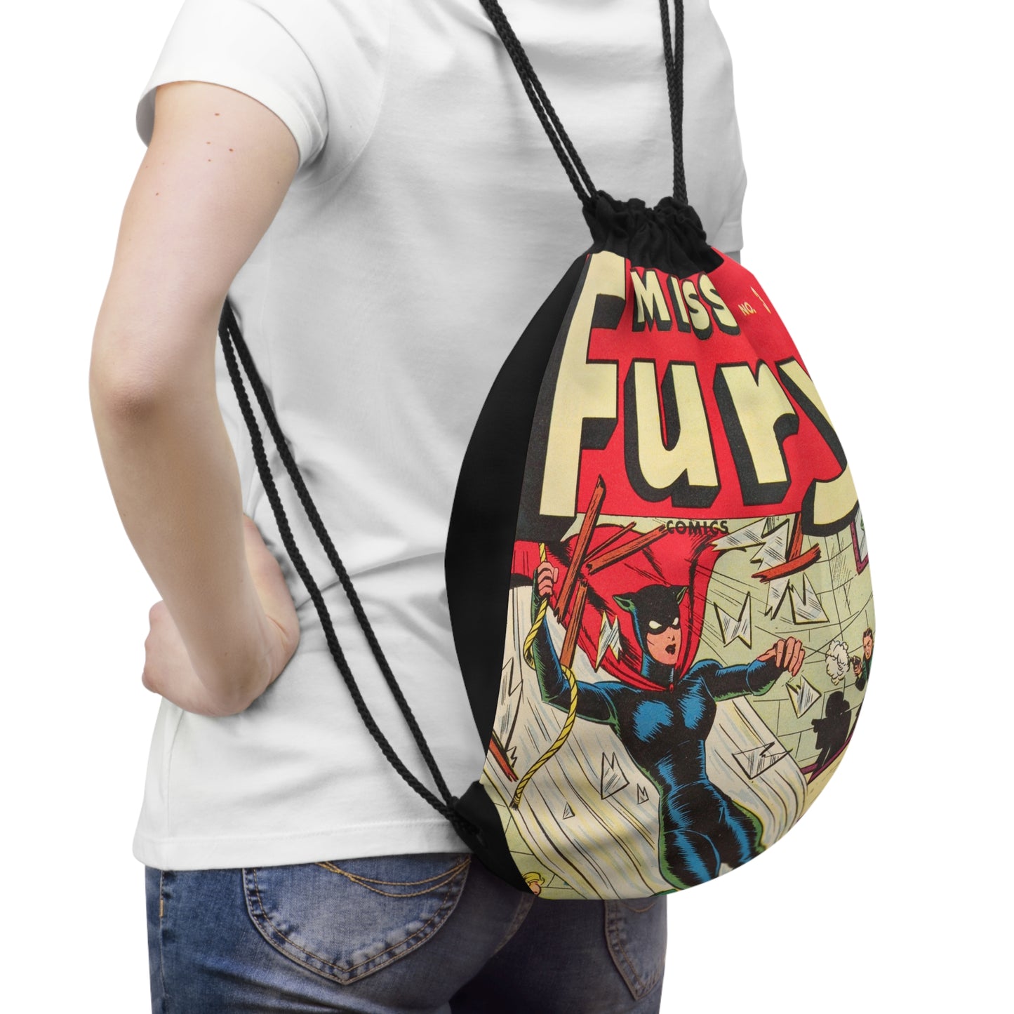 Miss Fury 3 Cover Golden Age Lined Drawstring Bag